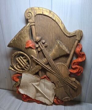 Vintage 1972 Homco Musical Instruments Wall Art Plaque Harp Clarinet Violin